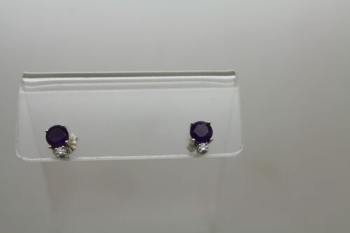 14k White Gold Round Cut AMETHYST & DIAMOND STUD Earrings - Picture 3 of 10