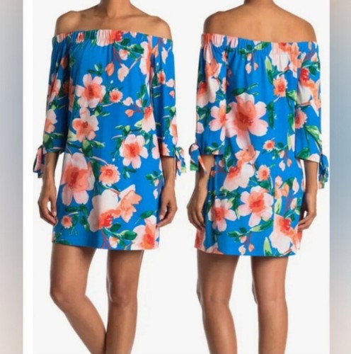 NWT Vince Camuto Blue Floral Off Shoulder 3/4 Sleeves Women Dress Size: 6 fit M - Picture 1 of 6