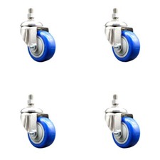 3 Inch 316SS Blue Polyurethane Wheel Swivel 10mm Threaded Stem Caster Set