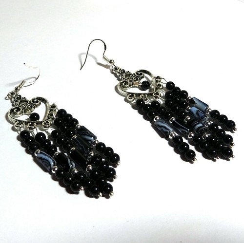 JFTS, Black, Onyx, Black/White, Agate, Silver, Earrings, Gift, Wife, Mom, 3 1/2 - Imagen 2 de 3