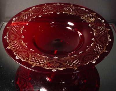 Retro Salviati Venetian Glass Ruby Red Compote Moser Fleur De Lis
