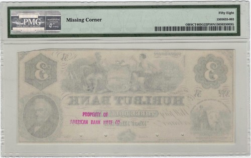 $3 1850-60s Hurlbut Bank West Winsted CT PMG Proof 58 Net TOP POP 1/0 - Picture 2 of 2