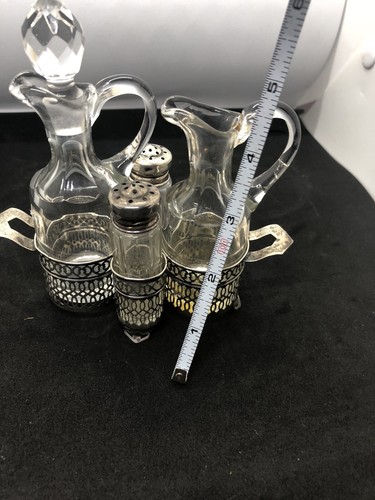 VTG Victorian Crystal and Silver Plate Five Piece Cruet Set Oil Vinegar Shaker - Picture 6 of 8