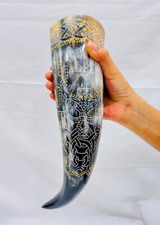 Odin  Vegvisir Authentic Handmade Viking Drinking Horn Medieval Norse - 16 inch