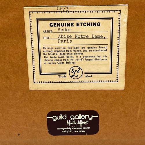 Signed Notre Dame Paris Etching by French Artist Eng Veder 13" X 16" Gold Frame - Picture 3 of 10