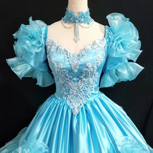 Vintage Prinzessin himmelblau Satin Blume Herzausschnitt Perlen Puffärmel Brautkleid - Bild 5 von 9