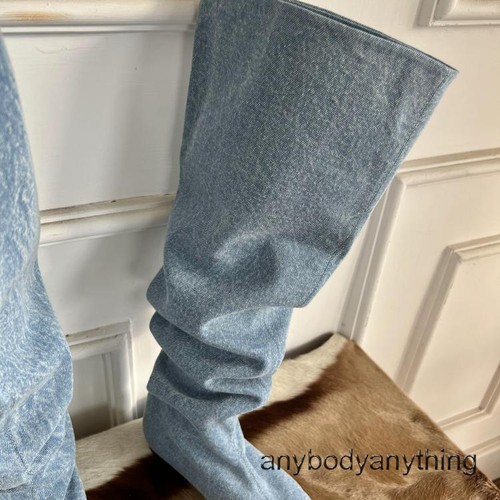 Women Denim Pointed Toe Slouch Knee High Boots Pull on Flat Casual Punk Boots - Bild 22 von 26