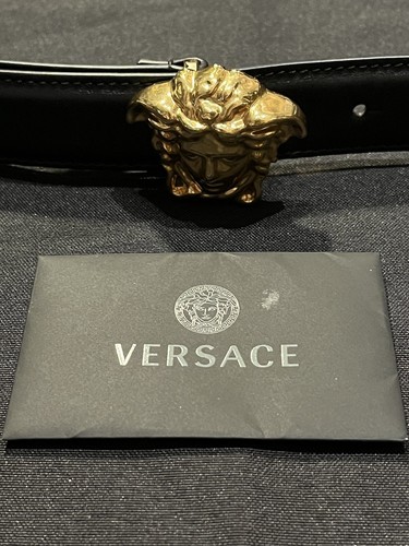 VERSACE GOLD 3D LA MEDUSA ITALIAN PALAZZO BLACK LEATHER BELT 85cm 34” AUTHENTIC - Picture 4 of 24