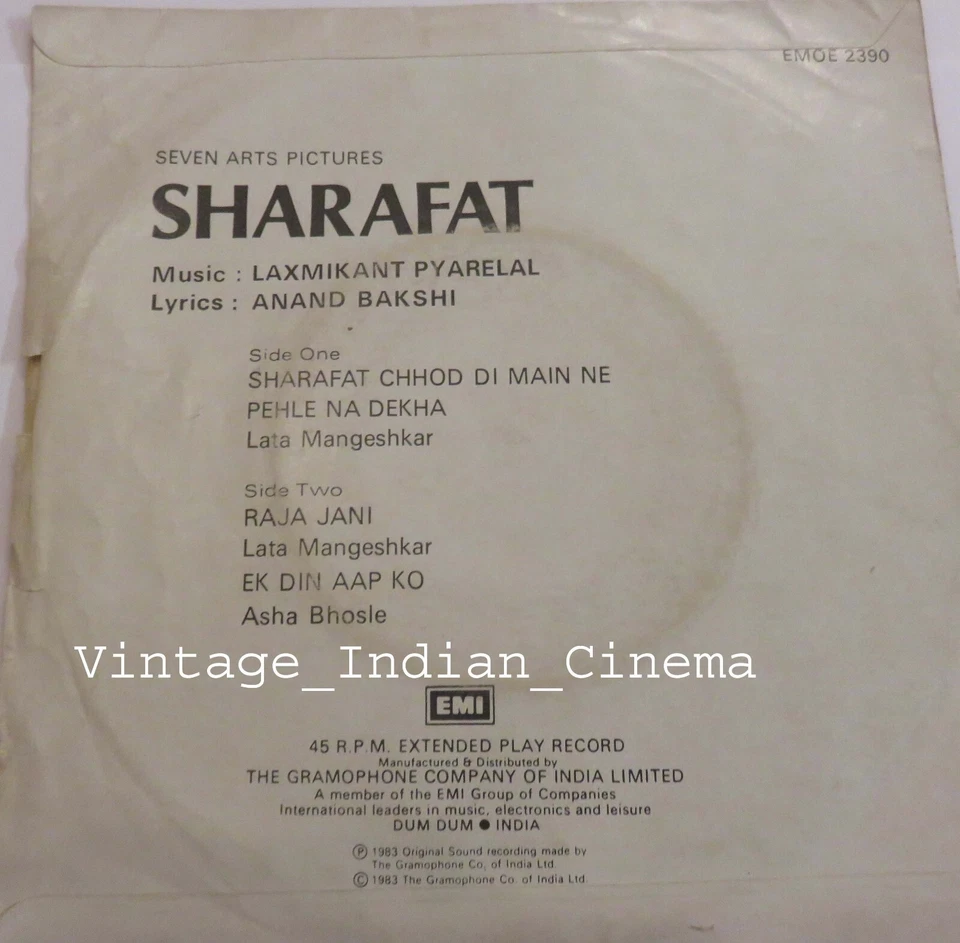Sharafat 1970 Dharmendra Hema Lata Bollywood Rare Vinyl Ep 7" EMOE2390Ep Records - Image 2 of 4