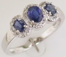 1CT DIAMOND  AAA SAPPHIRE 14KT WHITE GOLD OVAL  ROUND 3 STONE ANNIVERSARY RING