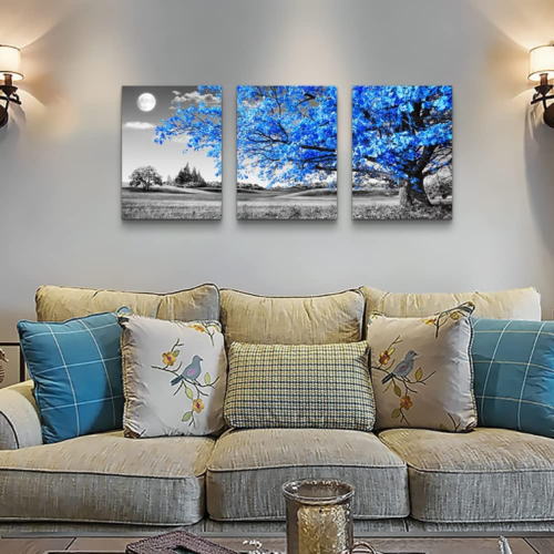 3 Piece Black and White Blue Tree Moon Canvas Wall Art 12"X16" for Living Room - Picture 2 of 12