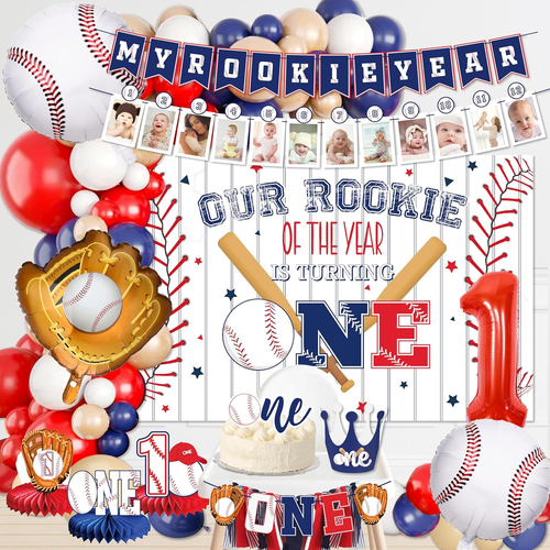 Baseball 1St Birthday Party Decorations Boy, Our Rookie Backdrop,Baseball Balloo - Picture 12 of 12