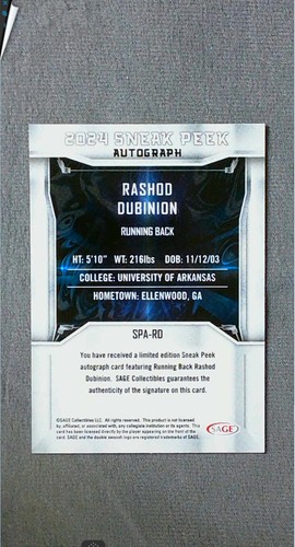 2024 Sage Sneak Peek Autograph #SPA-RD Rashod Dubinion Razorbacks - Picture 2 of 2