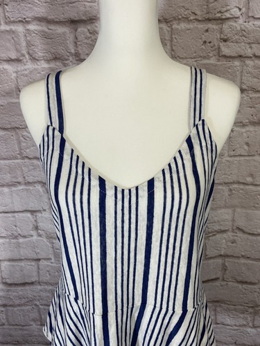 Chaser L Blue Striped Linen Ruffle V-Neck Tank Top Blouse Spaghetti Strap 9077 - Picture 2 of 7