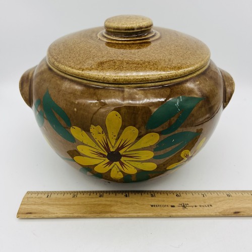 McCoy Crock Style Stoneware Cookie Jar/Bean Pot Hand Painted Yellow Flower USA - Picture 8 of 11