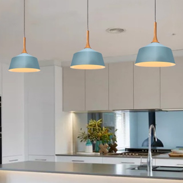 Wood Pendant Light Kitchen Pendant Lighting Blue Modern Ceiling Light Bar Lamp