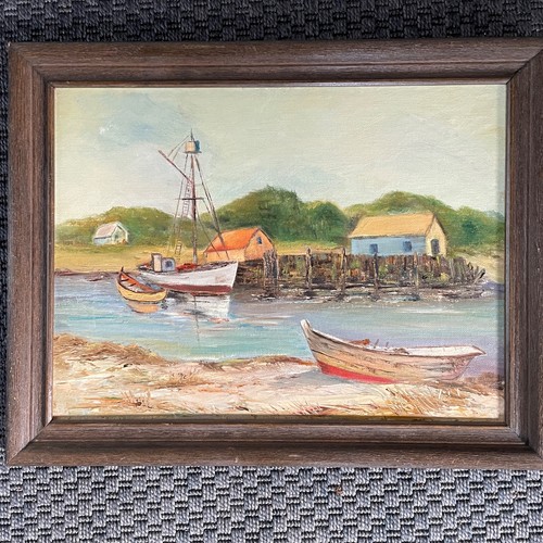 16" De colección 1987 Long Island Barco Casas Escena Óleo a Bordo con Marco de Madera Oscura - Imagen 4 de 5