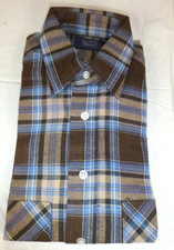 NOS Vtg 70s Sears Cotton Flannel Shirt Long Sleeve Brown Blue Plaid Sz S 14-14.5