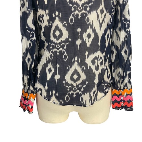 Vilagallo Spain Navy White Ikat Ric Rac Boho Art Cotton Button Down Blouse Gr. 36 - Bild 8 von 11