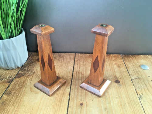 PAIR OF ANTIQUE ART DECO INLAID GEOMETRIC OAK WOOD CANDLESTICKS CANDLE HOLDERS - Picture 2 of 14