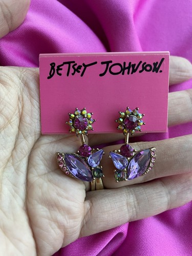 Pendientes delanteros traseros Betsey Johnson Fall Follies púrpura fucsia flor peekaboo - Imagen 3 de 3