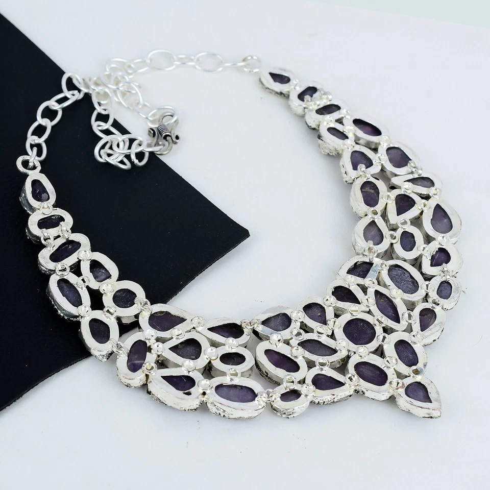 Naturale Crudo Ametista Gemma 925 Argento Gioielli Collana Regalo di Compleanno - Immagine 4 di 4