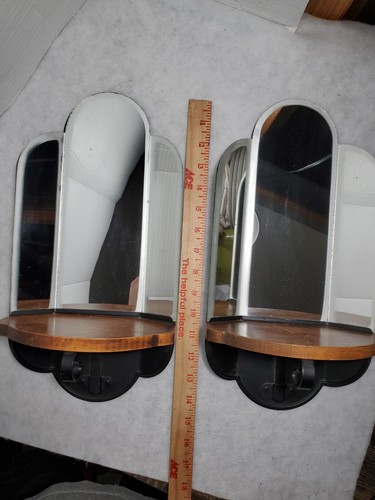 Pair of Vintage Wall Sconce Mirror Candle Reliquary Shelf Console Display Wooden - Picture 12 of 12