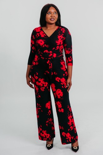 Jumpsuit Damen rot schön Blumenmuster 3/4 Ärmel V-Ausschnitt Stoff Gürtel - Bild 3 von 5
