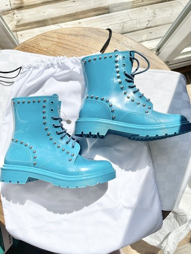 Red(V)Valentino Turquoise Rubber Studded Combat Boot Women’s US6M/EU36 $350 RARE - Picture 9 of 18