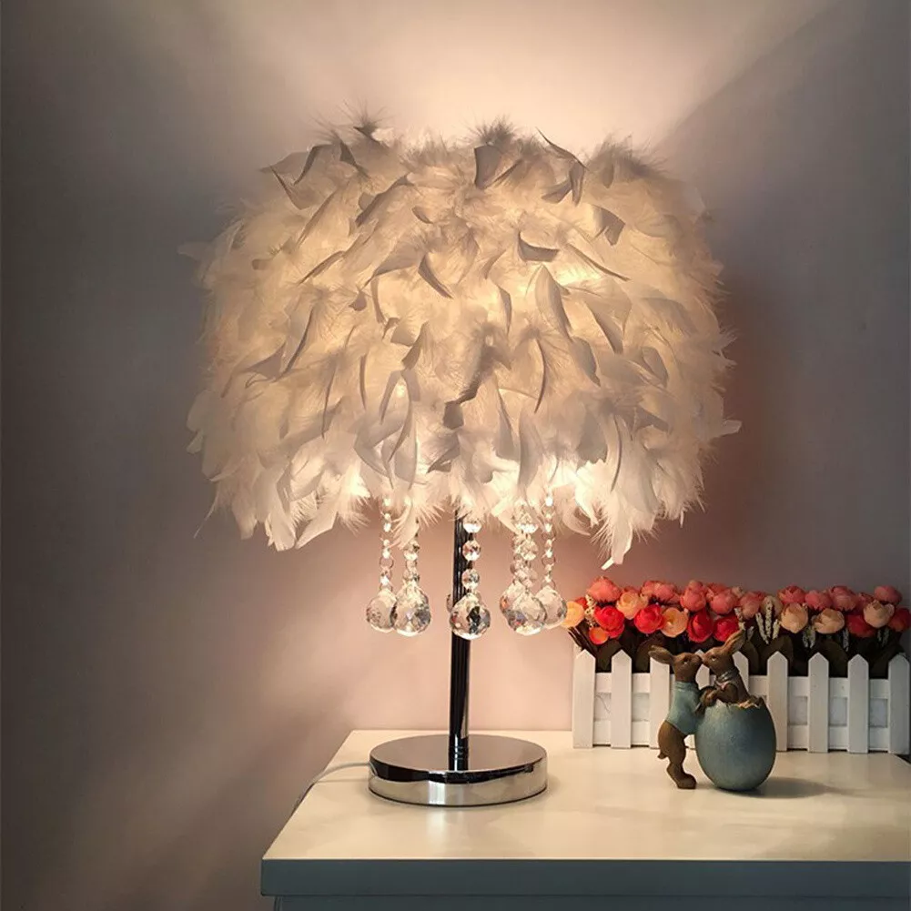 Fluffy Feather Shade Table Lamp White Lampshade Bedside Night