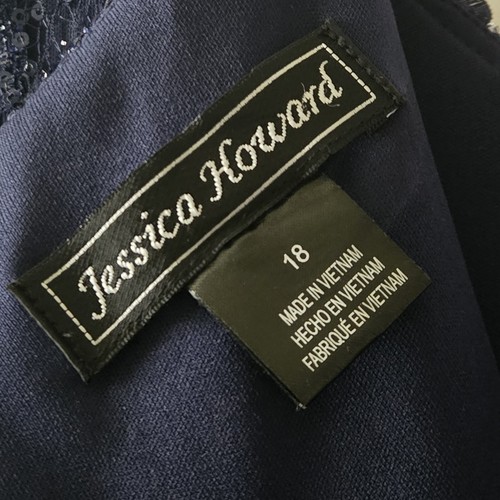 Jessica Howard Navy Blue Satin Gown Lace Floral Bodice 3/4 Sleeves Plus Size 18 - Picture 13 of 14