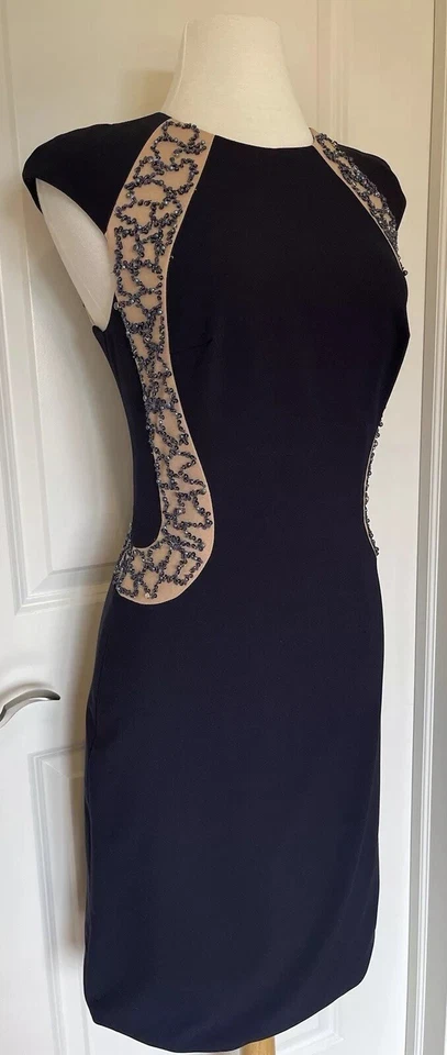 Платье-футляр Terani Couture темно-синее/обнаженное с бисером размер-10 ~ стильное и элегантное - Изображение 3 из 4