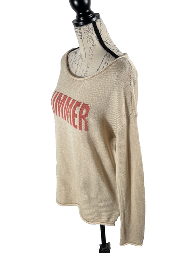 Melierter Reunited hellbrauner grafischer Pullover Gr. M "Sommer" Langarm - Bild 2 von 7