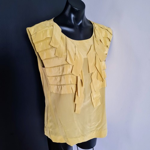 Women's size M 'COUNTRY ROAD' Gorgeous yellow frill silk blouse top - EUC - Picture 4 of 7