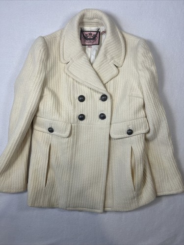 Juicy Couture Women Pea Coat Wool Blend Ivory Metal Button Double Breasted Y2K