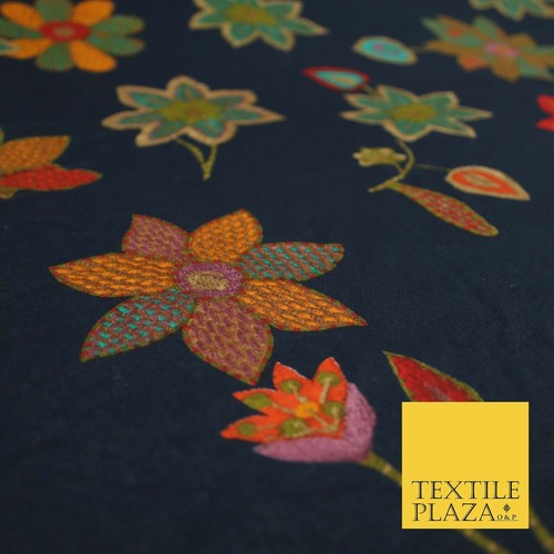 Flower Leaf Threadwork Look Luxury Pure Printed Floral Cotton Fabric - Picture 6 of 7