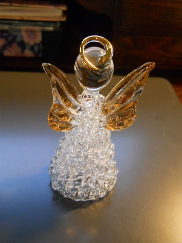 Vintage 3" Tall Spun Clear Glass Angel with gold trimmed halo & wings - Picture 12 of 13