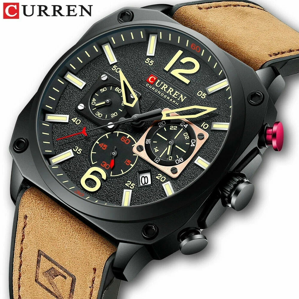 CURREN Men Watch Casual Brown Wristwatch Male Leather Quartz Chronograph Watches - Picture 1 of 15