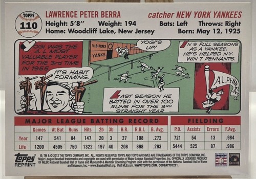 2012 Topps Archives Reprint Inserts Yogi Berra #110 HOF - Bild 2 von 2