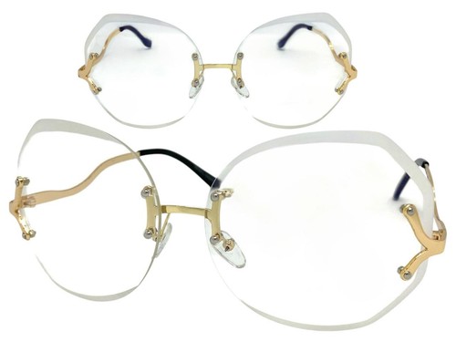 Klassisch elegante Vintage Retro Stil SONNENBRILLE großer randloser goldener Rahmen klare Gläser - Bild 2 von 6