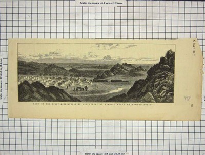 Original alter antiker Druck 1881 Camp Leicestershire Volunteers Charnwood Forest