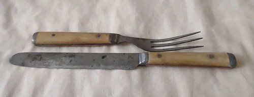 Antico coltello Altemont vintage e forchetta 3 denti kit bambino o viaggio misura epoca guerra civile - Foto 20 di 22