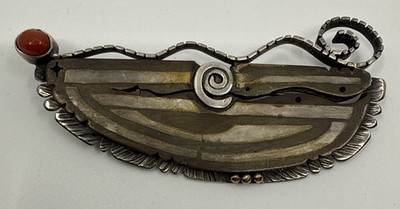 Native American, Zuni sterling Silver 14k Gold Coral Brooch Pin Emery Ohmsatte