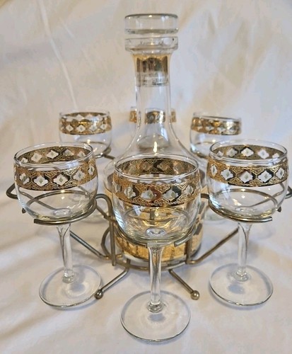 Culver Valencia 60er Jahre 22K Gold Karaffe / 6 Weingläser und Träger komplett