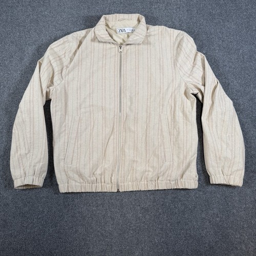Zara Bomber Jacket Mens Large Beige Pinstripe Full Zip - Picture 2 of 12