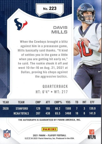 2021 Playoff Rookies Autographs #223 Davis Mills Auto - FB - Picture 2 of 2