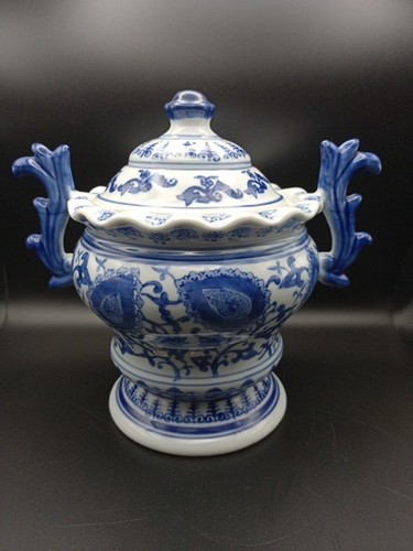 Vintage Ingwerglas asiatisches Design Griffe Deckel Keramik orientalisch blau weiß 