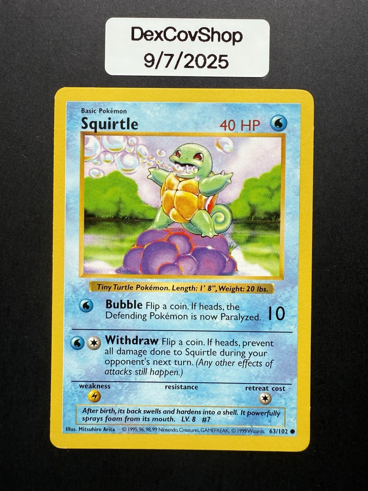 Pokémon Squirtle Card 63/102 Shadowless Base Set 1999 WOTC MP Vintage TCG