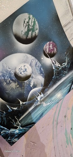 Vintage Spray Painting Planets Graffiti Space Mountain Signed Unknown 15.5x19.5 - Picture 2 of 13