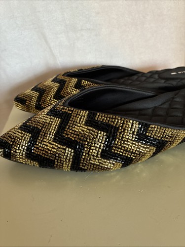 Neu Birdies Schwan Pantolette in Schwarz und Gold Deko Perlen Chevron Satin Größe 9,5 - Bild 7 von 16